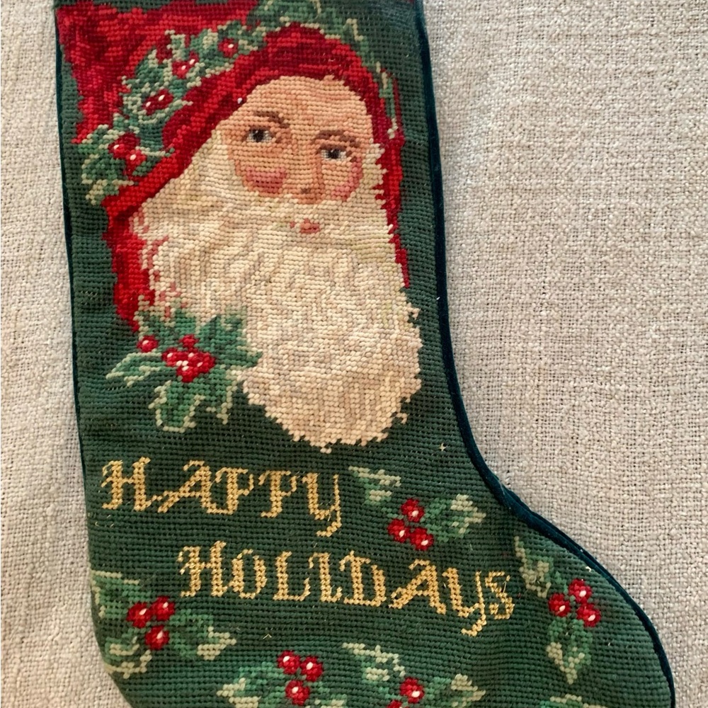 Vintage Handmade Needlepoint Santa Christmas Stocking